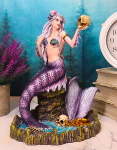 Large Sirens of The Seas Necromancer Gothic Mermaid Holding A Skull Figurine-6