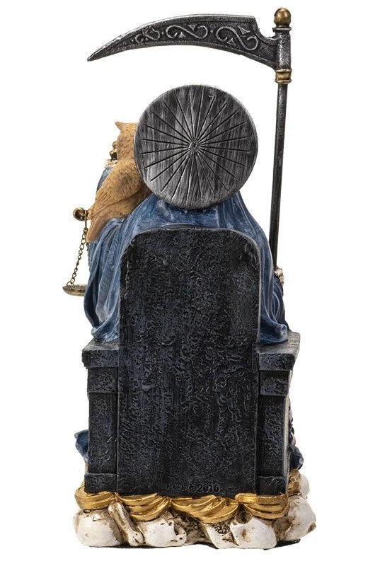 Seated Blue Santa Muerte With Scythe Scales of Justice And Wise Owl Figurine 9"H-7