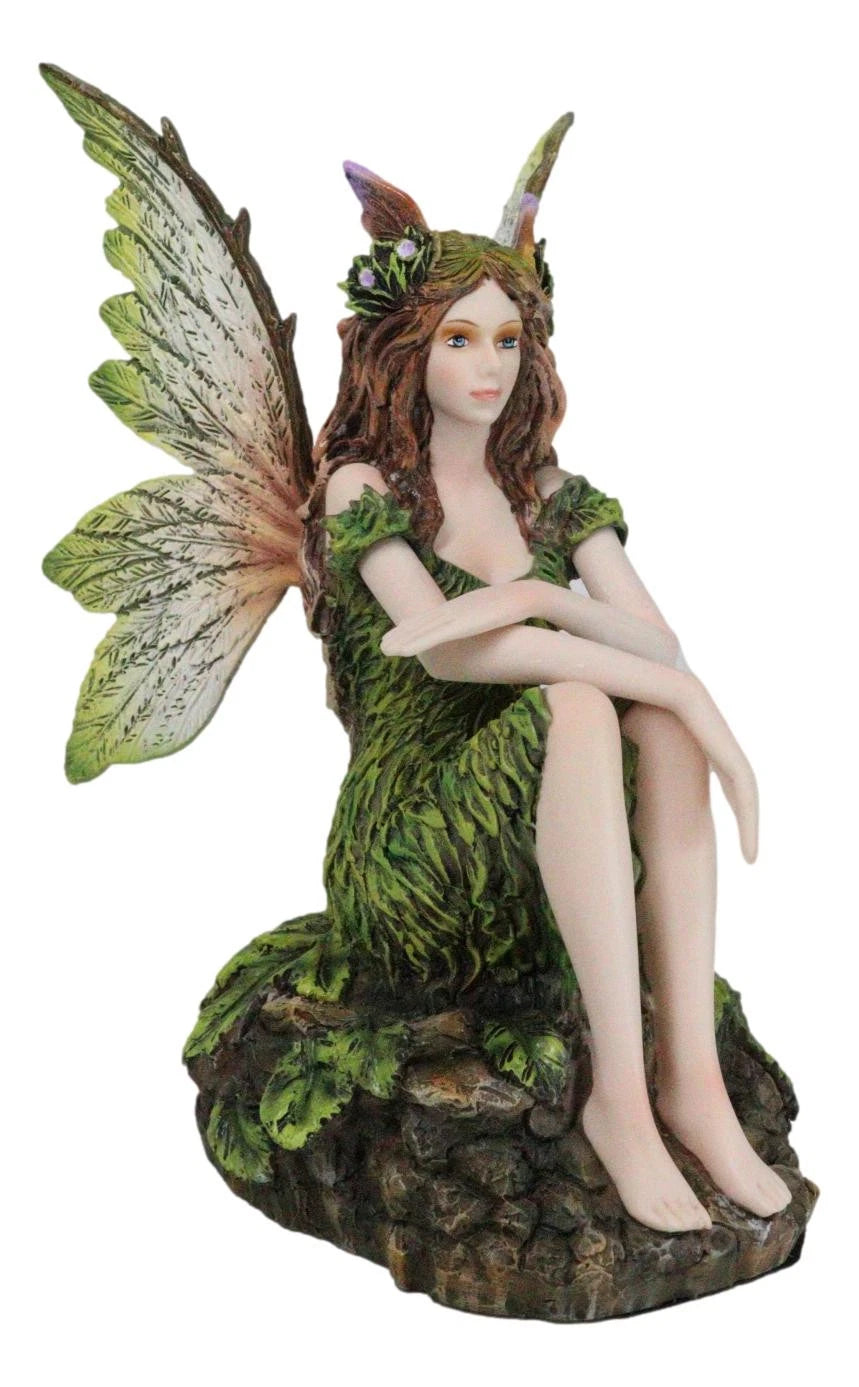 Sitting Pretty Tribal Elf Pixie Earth Fairy in Green Foliage Dress Figurine-6