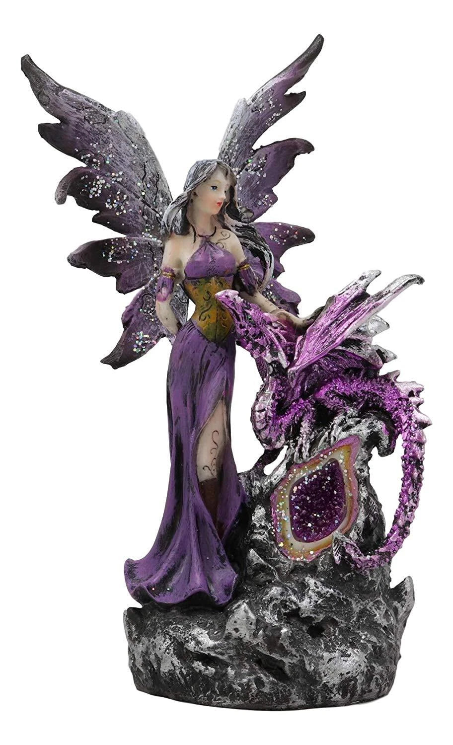 Purple Fairy With Dragon Sitting On LED Crystal Geode Night Light Statue Decor-10