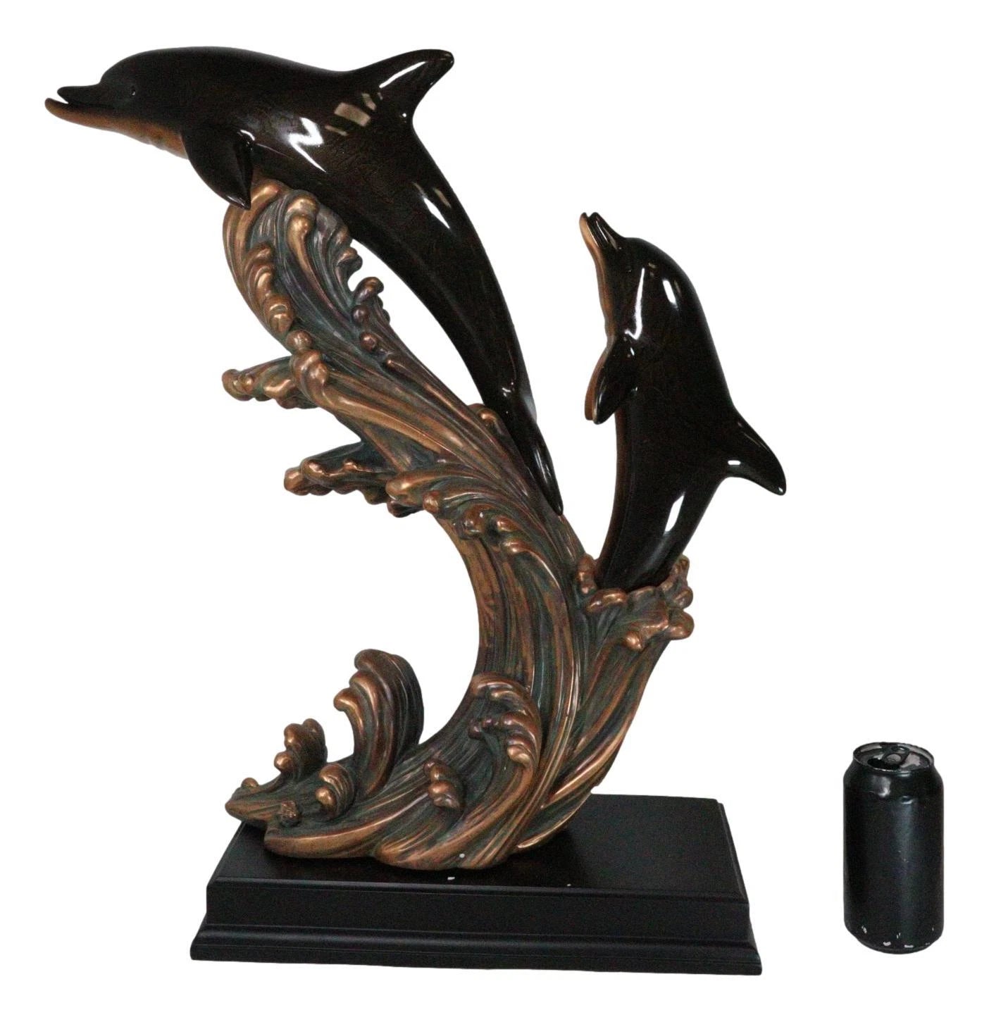 Large 23"H Nautical Marine 2 Bottlenose Dolphins Leaping Over Ocean Waves Statue-8