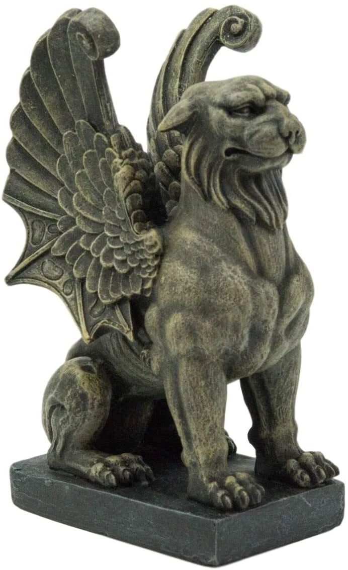 Lion Gargoyle with Griffin Wings Crouching On Pedestal Statue 6.5" Tall-4