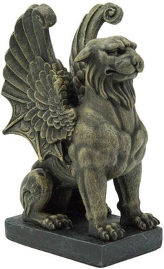 Lion Gargoyle with Griffin Wings Crouching On Pedestal Statue 6.5" Tall-4