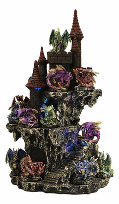 Medieval Rocky Cliff Castle LED Light Display Stand With 12 Mini Dragons Statue-6