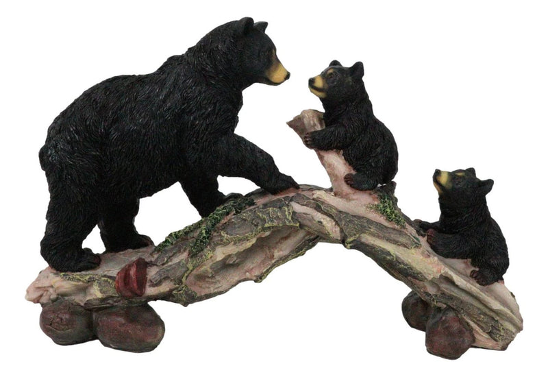 Rustic Forest Black Bear Mother and 2 Cubs Climbing On Tree Log Bridge Figurine-7