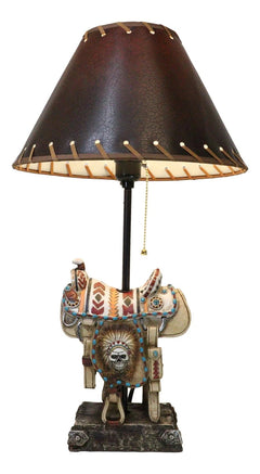Southwestern Navajo Indian Chief Skull Headdress Cowboy Horse Saddle Table Lamp-9