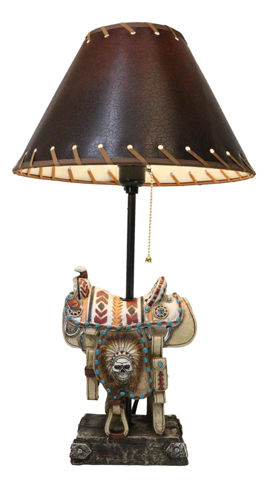 Southwestern Navajo Indian Chief Skull Headdress Cowboy Horse Saddle Table Lamp-9