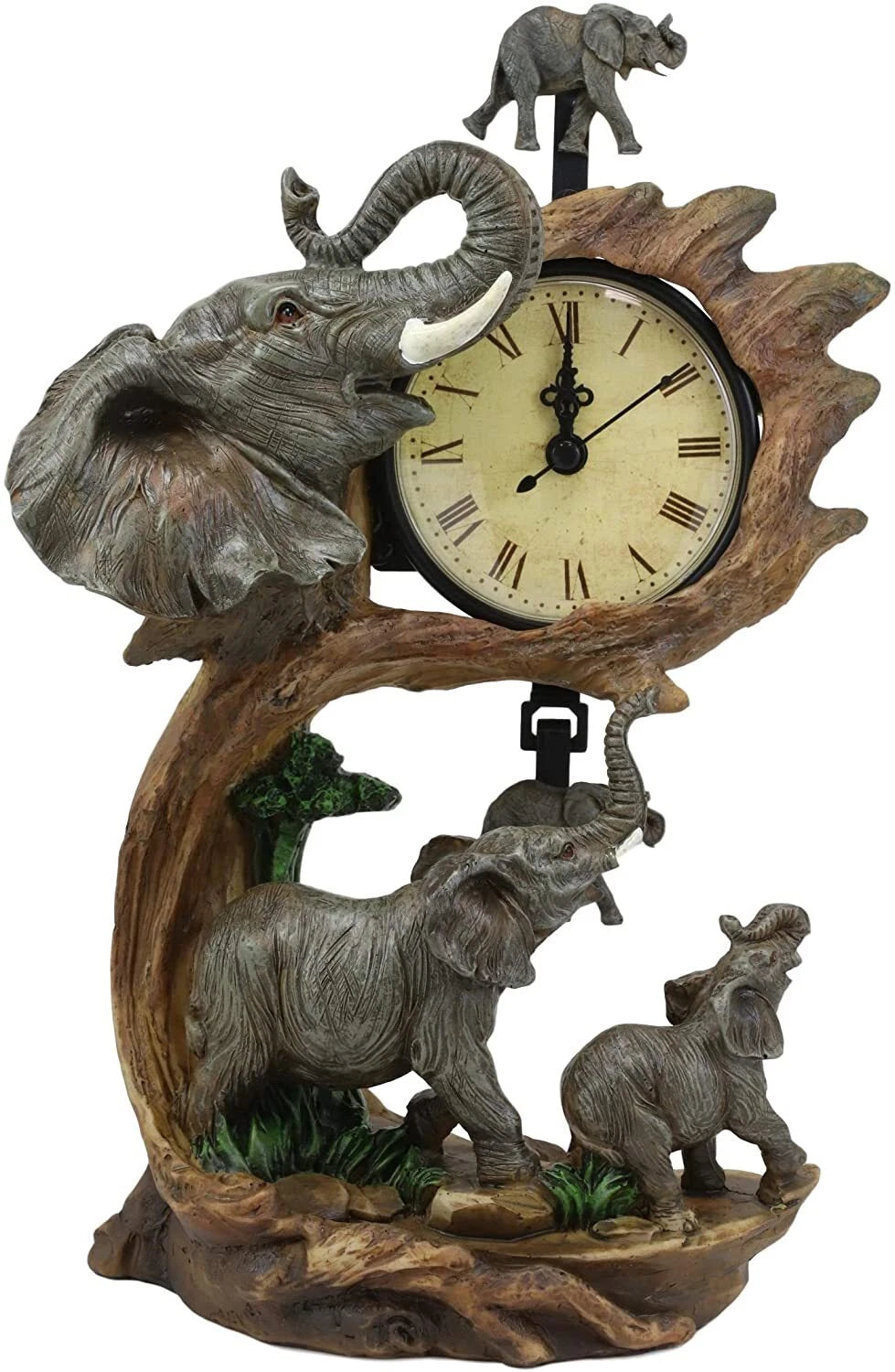 Reloj de mesa con péndulo de 26,5 cm de altura, con familia de elefantes, padre y cría-6