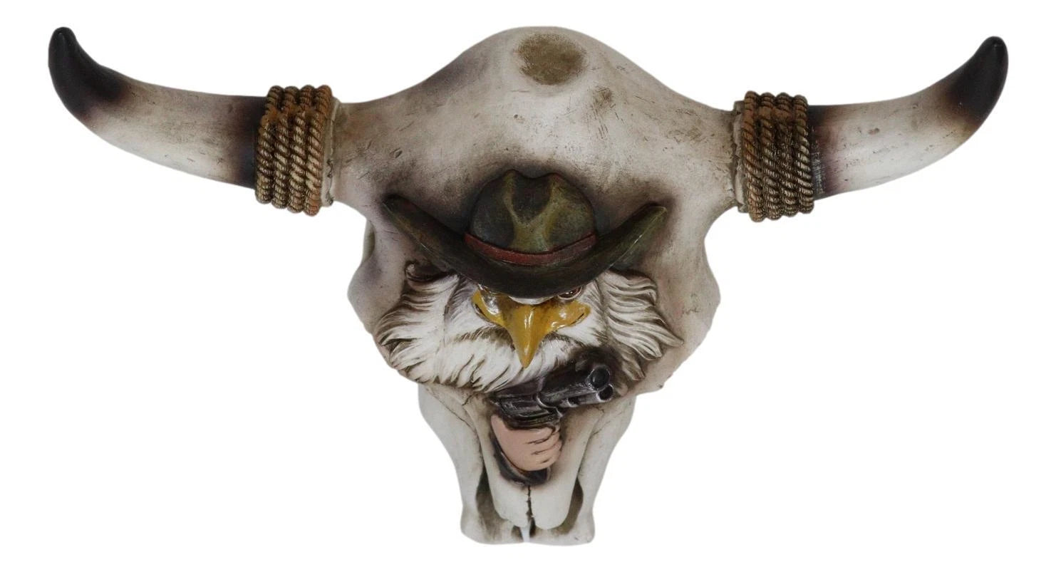 Rustic Western Eagle Cowboy With Gun Horned Ropes Cow Skull Wall Decor Plaque-5