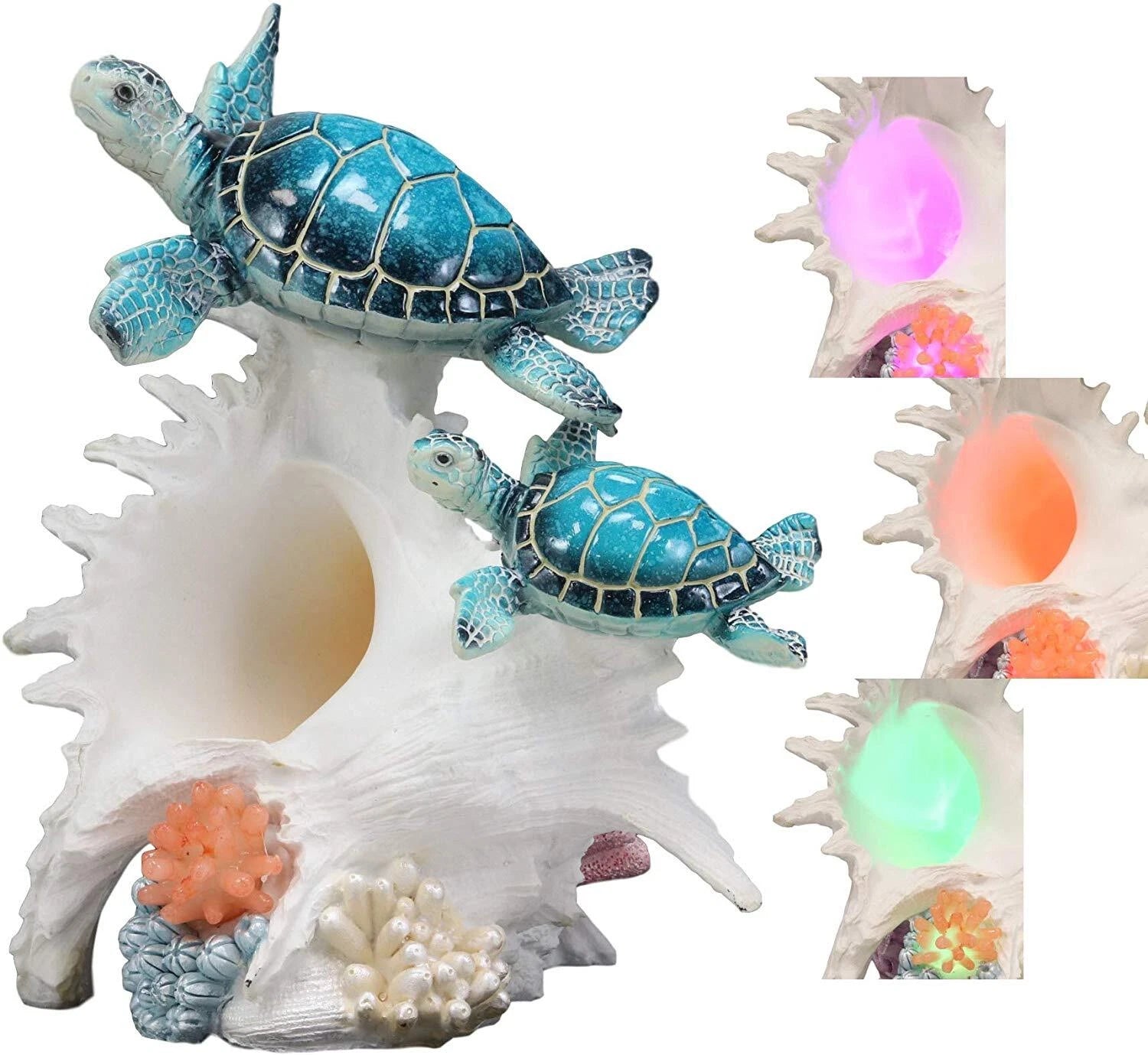 Colorful Nautical Sea Turtle Family Swimming By Big Conch With LED Light Statue-8