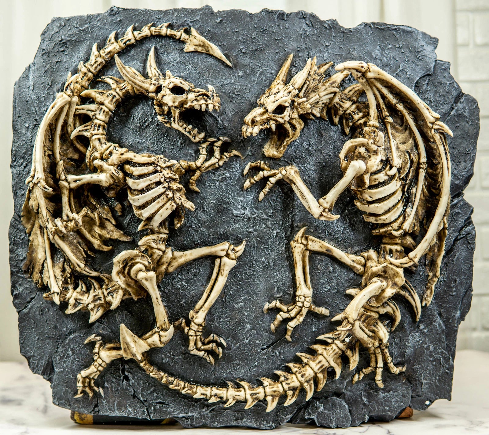 Faux Fossil Rock Block With 2 Dueling Skeleton Dragons Exotic Wall Decor Plaque-6