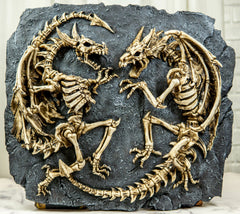 Faux Fossil Rock Block With 2 Dueling Skeleton Dragons Exotic Wall Decor Plaque-6