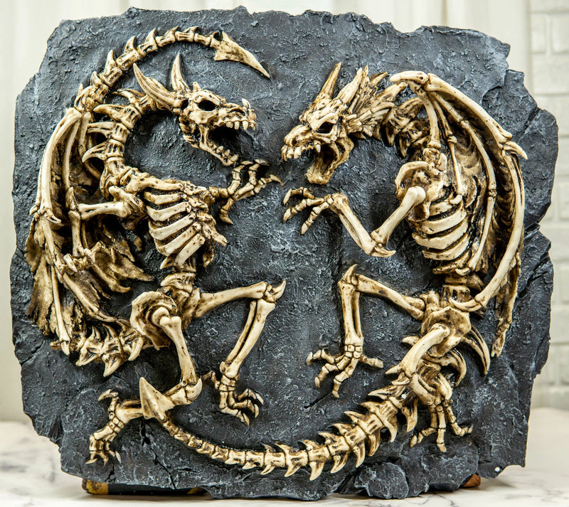 Faux Fossil Rock Block With 2 Dueling Skeleton Dragons Exotic Wall Decor Plaque-6