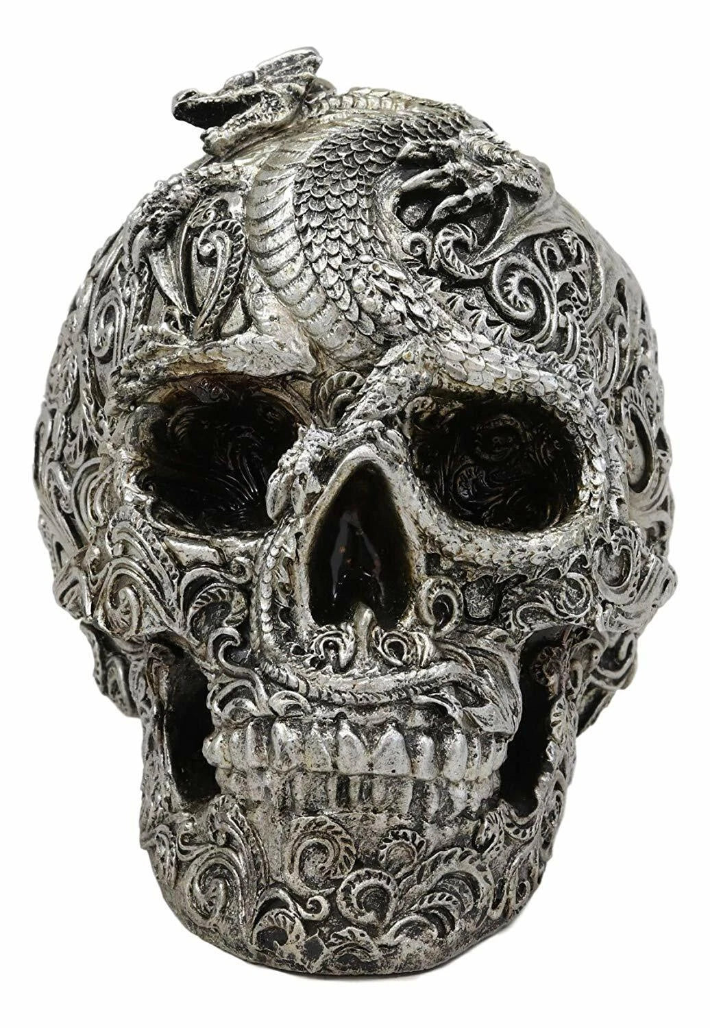 Flying Dragon On Tribal Le Fleur Floral Tattoo Skull Statue Halloween 7.5"L-5