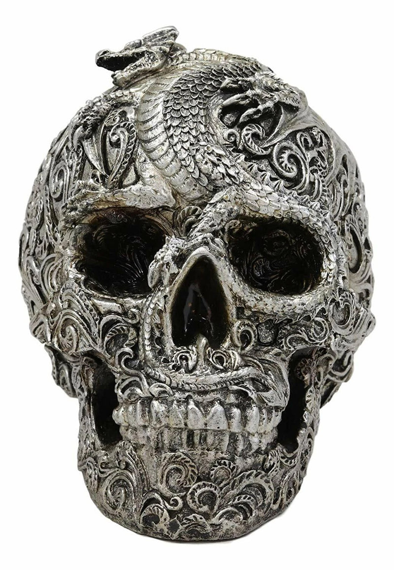 Flying Dragon On Tribal Le Fleur Floral Tattoo Skull Statue Halloween 7.5"L-5