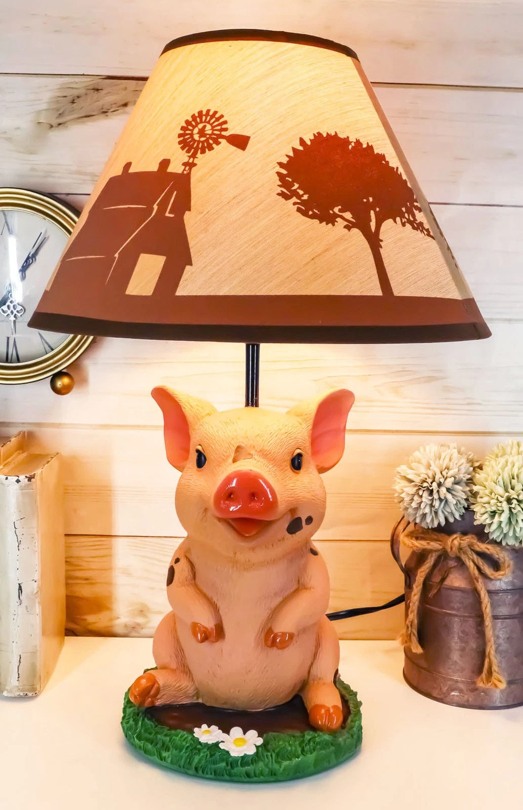 Rustic Farm Country Pink Babe Piglet Muddy Pig Desktop Table Lamp With Shade-1