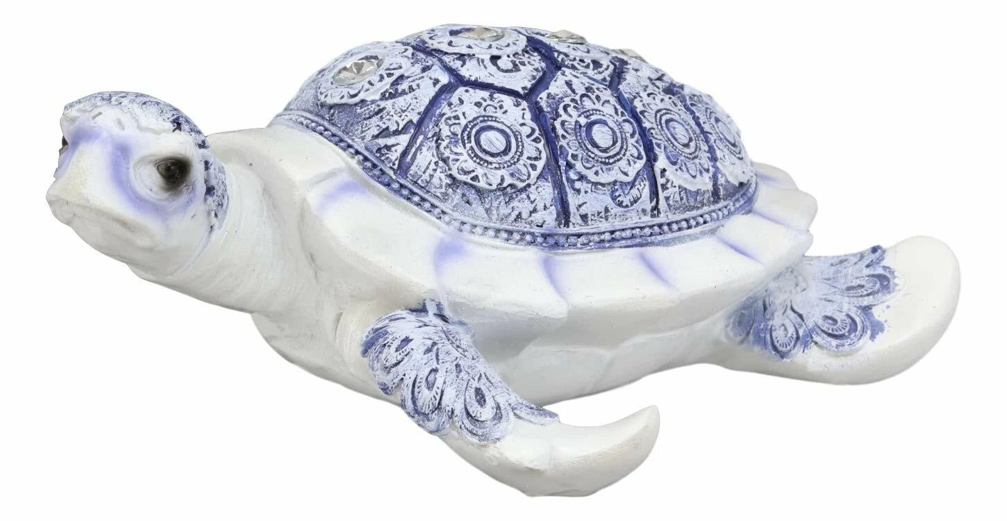Terracotta Blue And White Feng Shui Celestial Sea Turtle Statue 6"Wide-7
