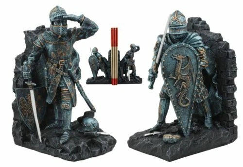 Medieval Dragon Bookends, Knight Armor Statue 8" Tall, Pair of Desk or Shelf Decor, Fantasy Knight Figurines, Suit of Armor Home Accent, Gothic Office Display, Tabletop Collectible Gift-5
