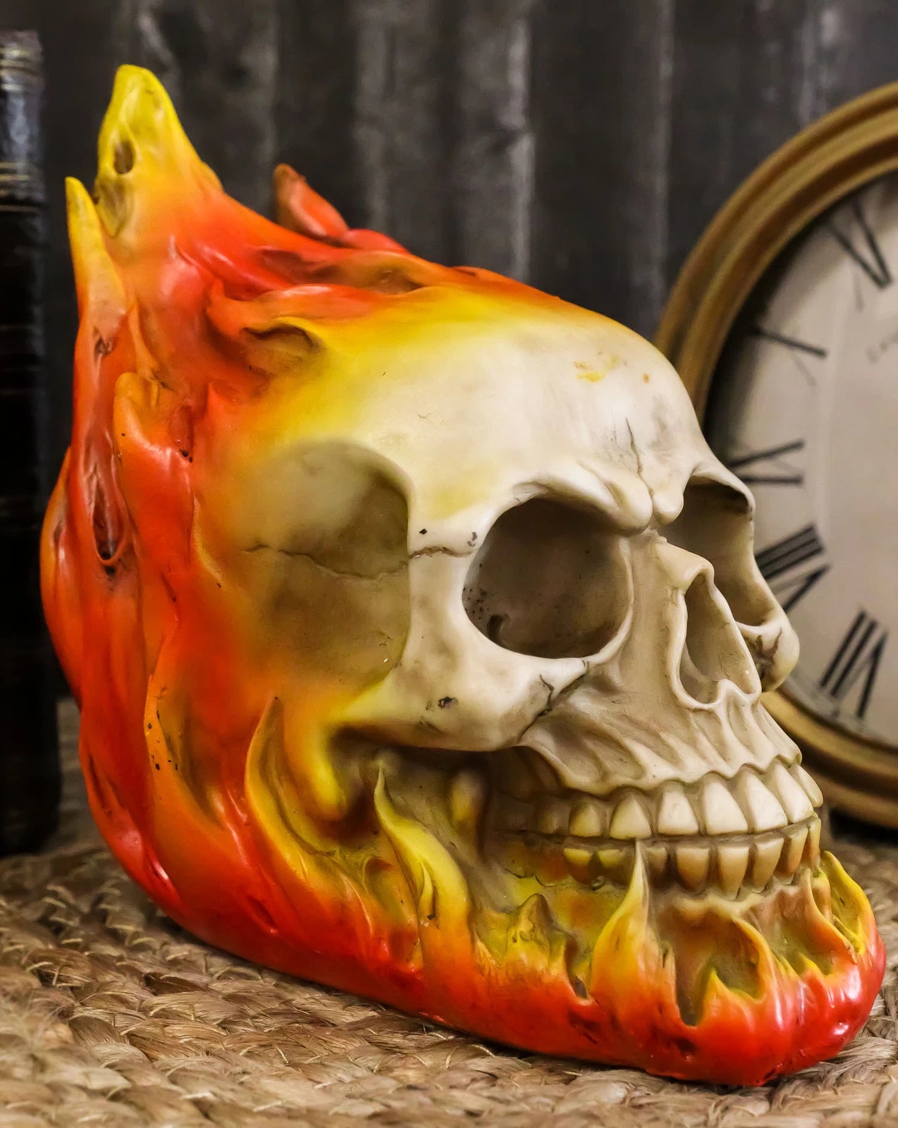 Ghost Rider Skull with Fire Flame Skeleton Figurine Halloween Decor 6"L-1