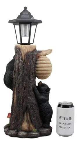Large Climbing Black Bear Cubs With Beehive Statue W/ Solar LED Lantern Light-5