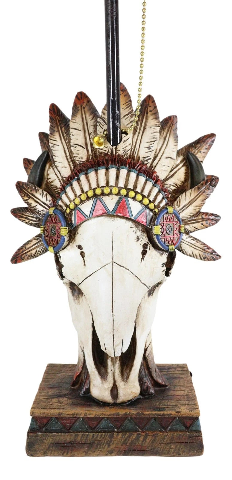 Western Cow Skull with Tribal Indian Chief Feathers Roach Headdress Table Lamp-6