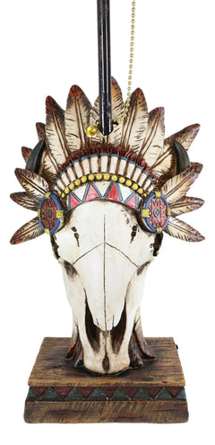 Western Cow Skull with Tribal Indian Chief Feathers Roach Headdress Table Lamp-6