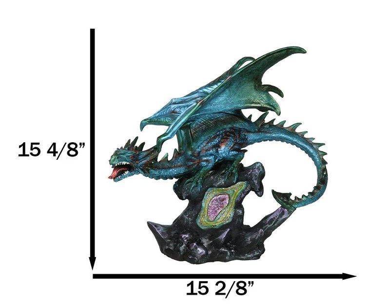 Large Aquamarine Iridescent Dragon Guarding LED Faux Crystal Geode Rock Figurine-9
