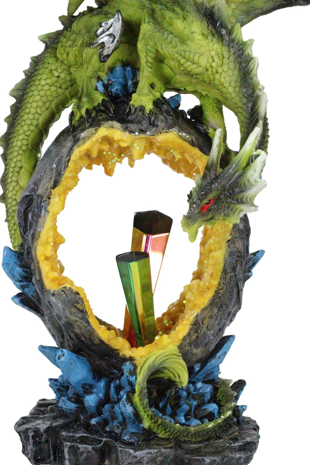 Green Dragon Guarding Faux Geode Crystal Arch Rock With Rainbow Icicle Figurine-3