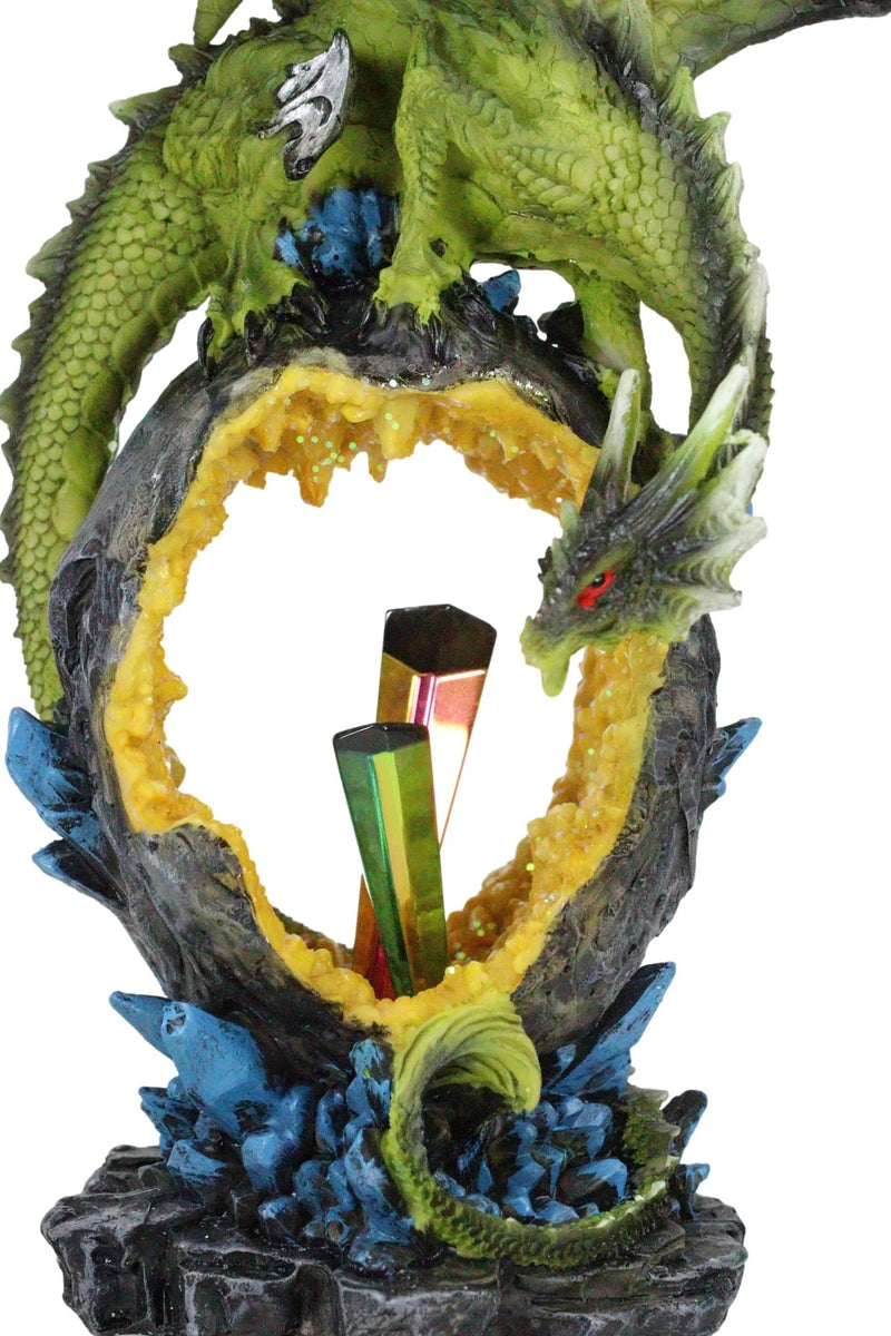 Green Dragon Guarding Faux Geode Crystal Arch Rock With Rainbow Icicle Figurine-3