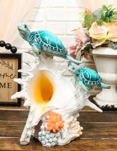 Colorful Nautical Sea Turtle Family Swimming By Big Conch With LED Light Statue-7
