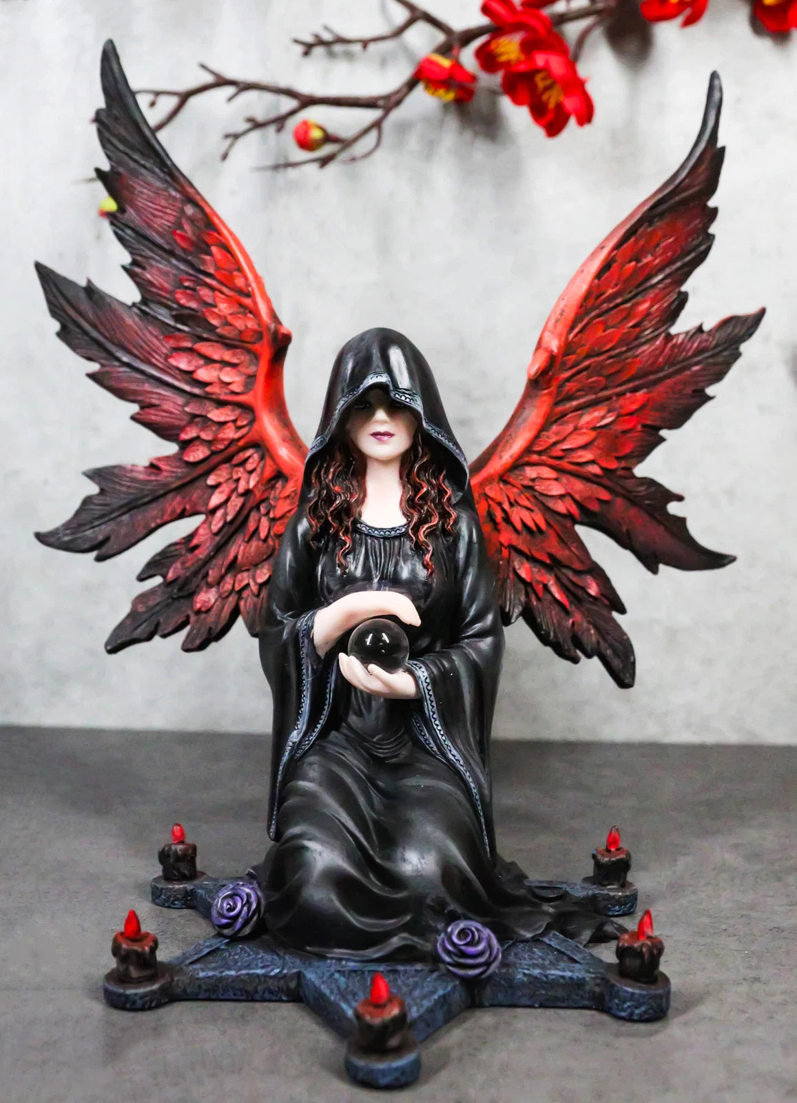 Hooded Cloak Dark Angel On Pentagram Ritual Floor Holding Crystal Ball Figurine