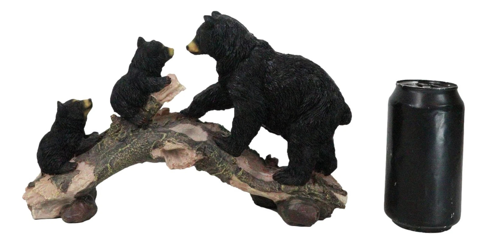 Rustic Forest Black Bear Mother and 2 Cubs Climbing On Tree Log Bridge Figurine-6