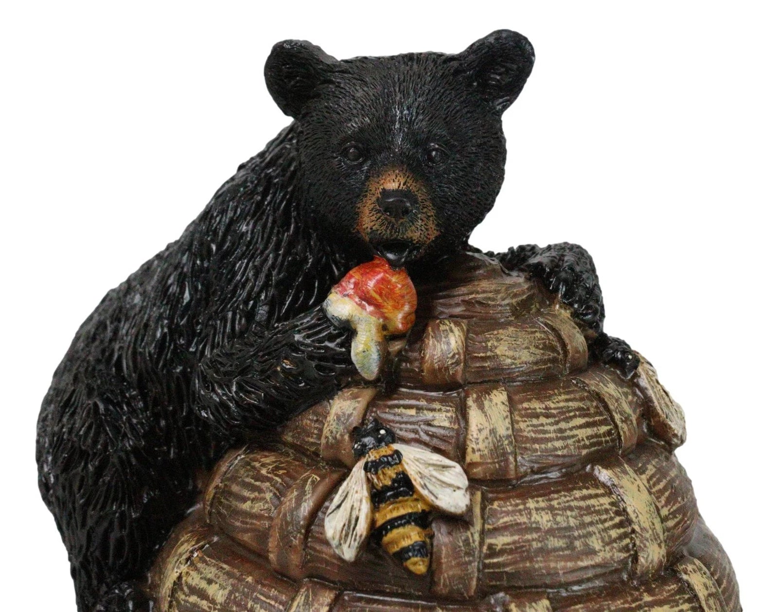 Rustic Forest Black Bear Climbing On Honey Beehive with Bumblebees Figurine-5