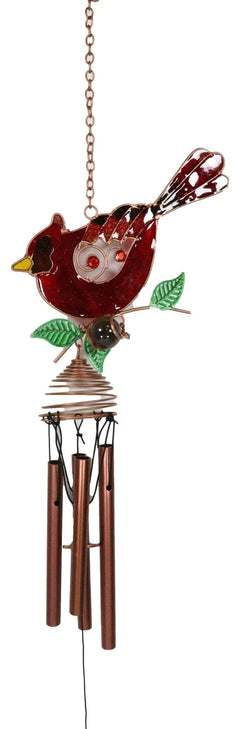 Stained Glass Red Cardinal Bird On Twig Copper Metal Wind Chime 24"Long-7