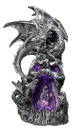 Silver Gothic Dragon On Oversized Skull with Faux Geode Crystal LED Figurine-8