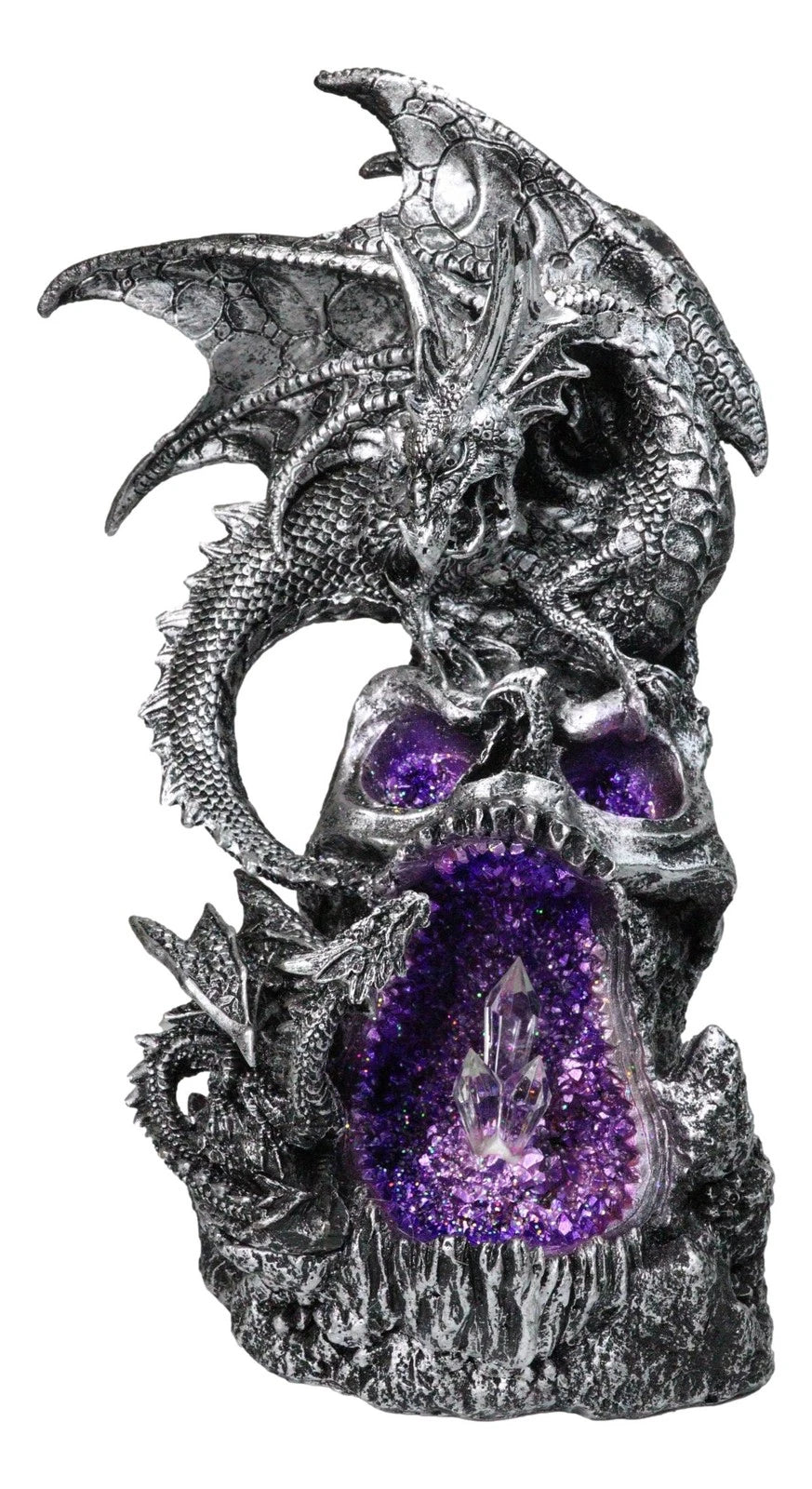 Silver Gothic Dragon On Oversized Skull with Faux Geode Crystal LED Figurine-8