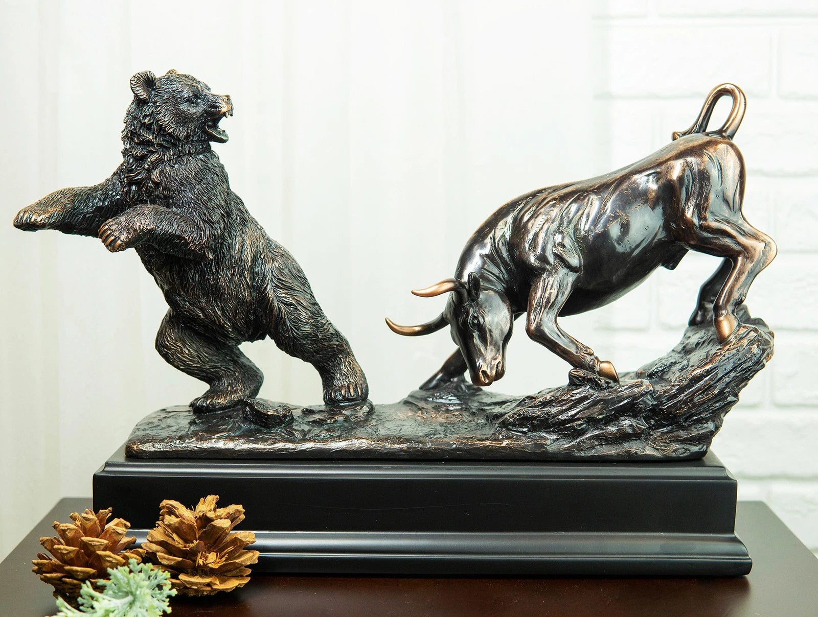 Wall Street Stock Market Signature Charging Bull With Conceding Bear Statue-1