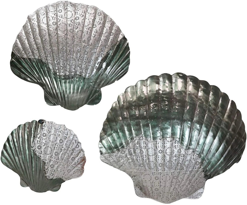 Silver Filigree Capiz Green Nautical Sea Shell Clams 3 Sizes Set Wall Decors-5