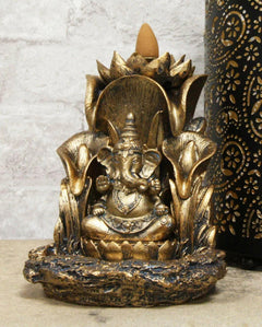 Golden Ganesha Seated On Lotus Backflow Cone Incense Burner Statue 5.25" H-1
