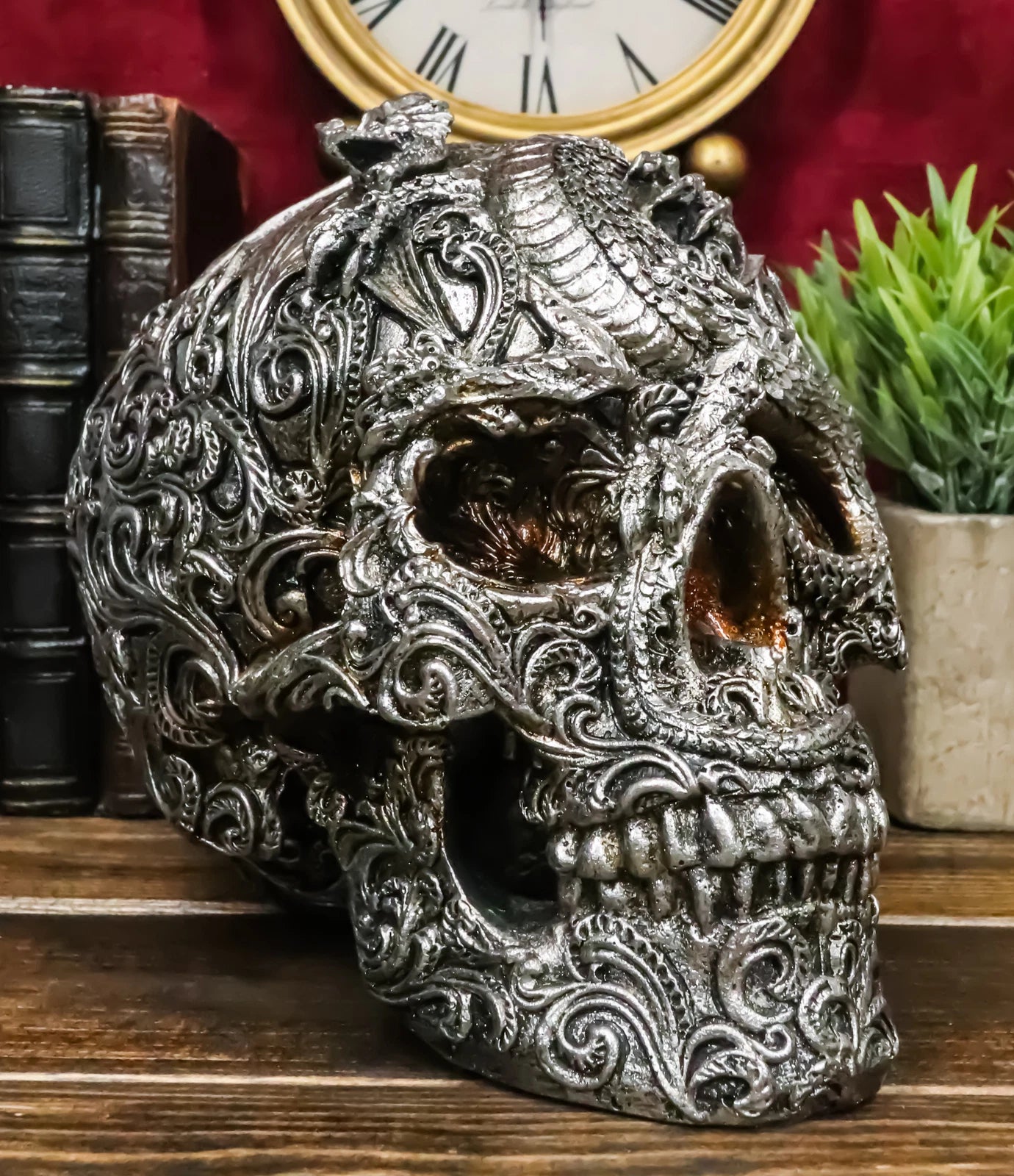 Flying Dragon On Tribal Le Fleur Floral Tattoo Skull Statue Halloween 7.5"L