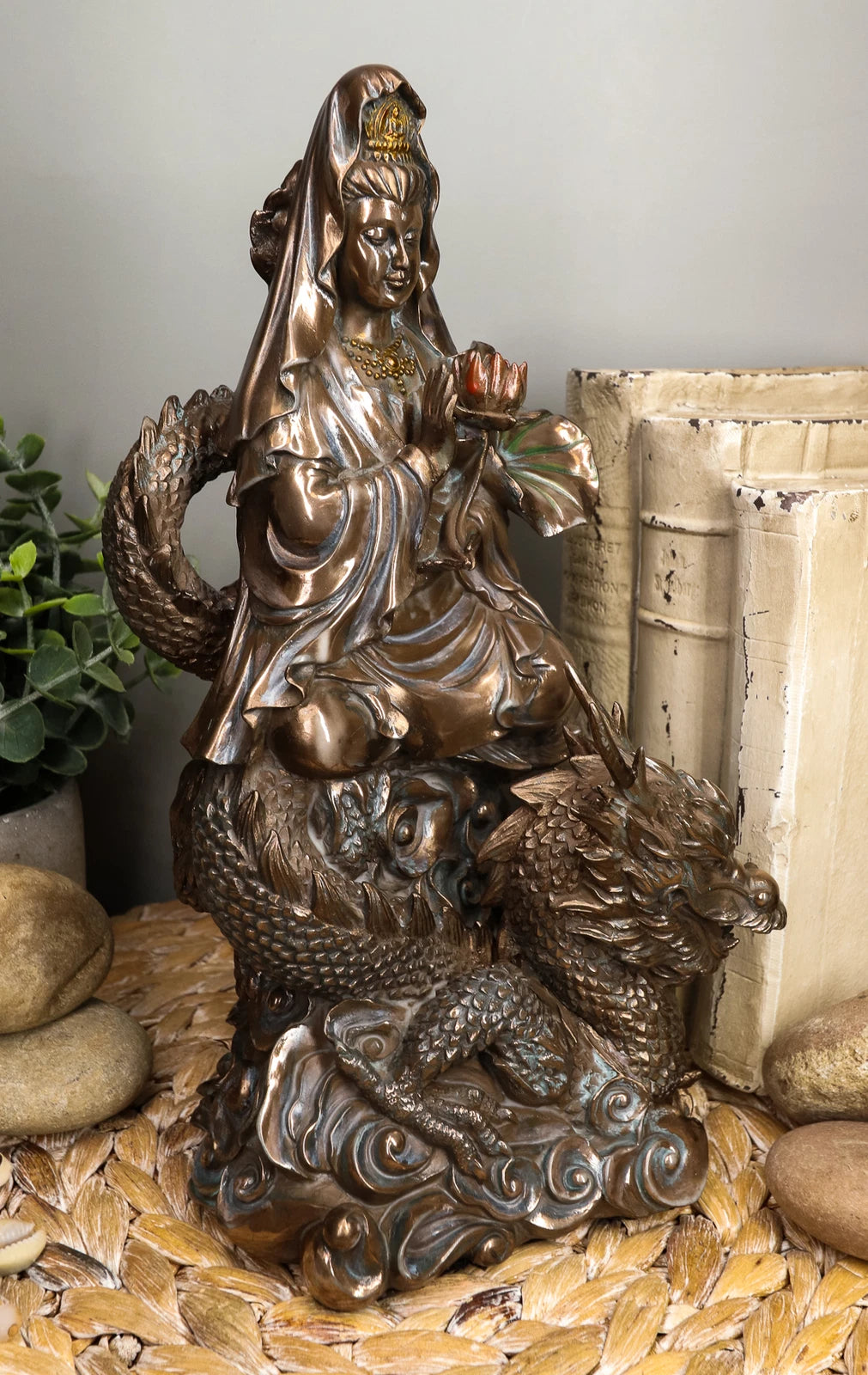 Avalokiteśvara Meditating Buddha Kwan Yin Kuan Yin On Dragon Statue 11"H-5
