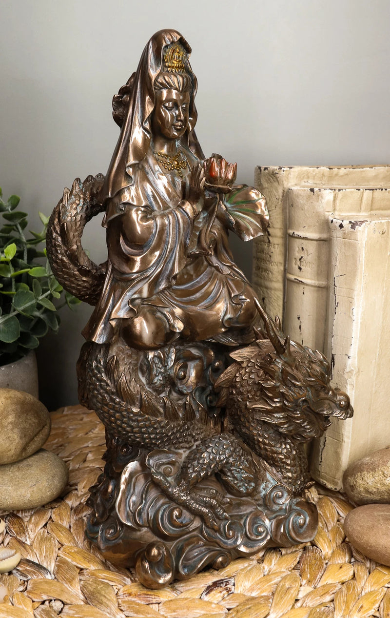 Avalokiteśvara Meditating Buddha Kwan Yin Kuan Yin On Dragon Statue 11"H-5