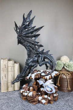 Large Dark Dragon with Frozen Ice White Baby Hatchling Statue 18.5" Tall-1