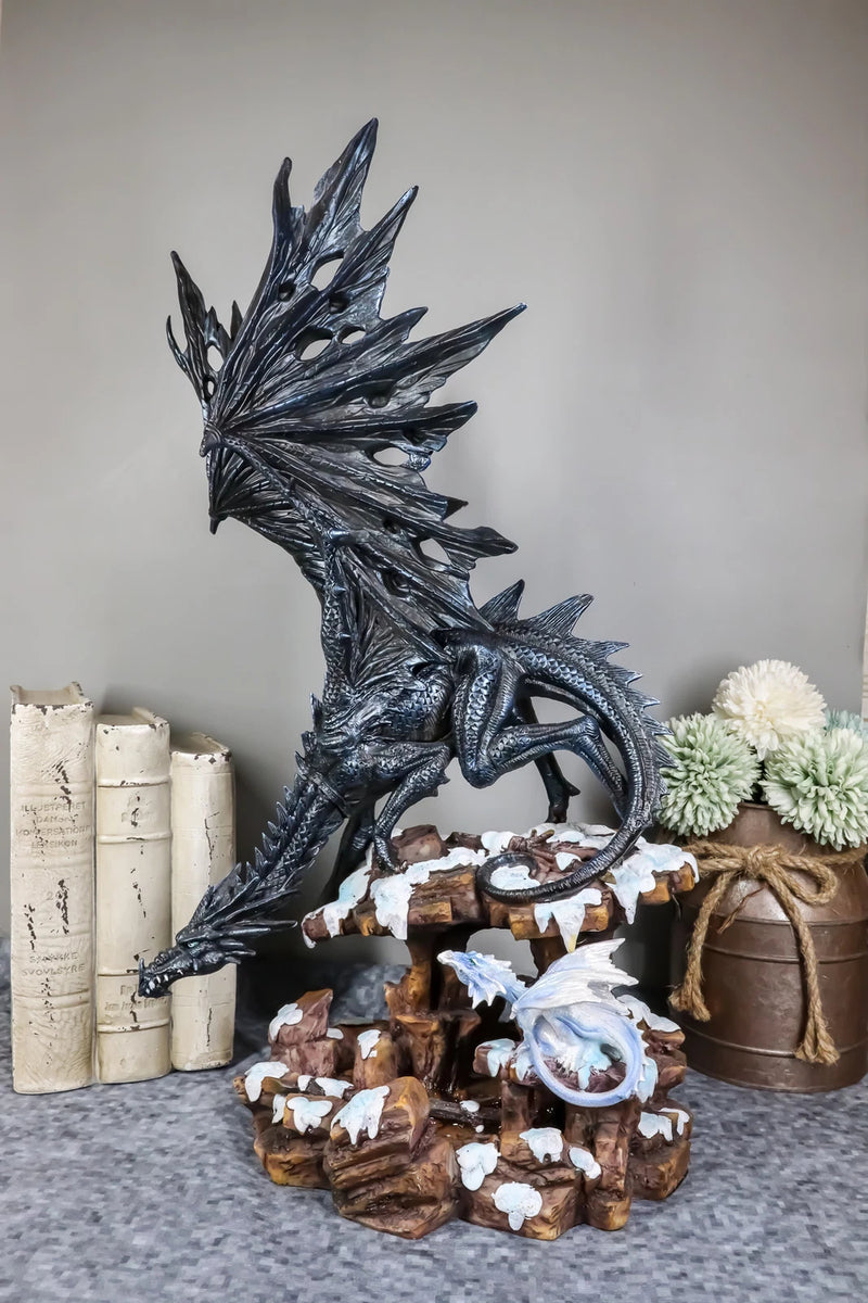 Large Dark Dragon with Frozen Ice White Baby Hatchling Statue 18.5" Tall-1