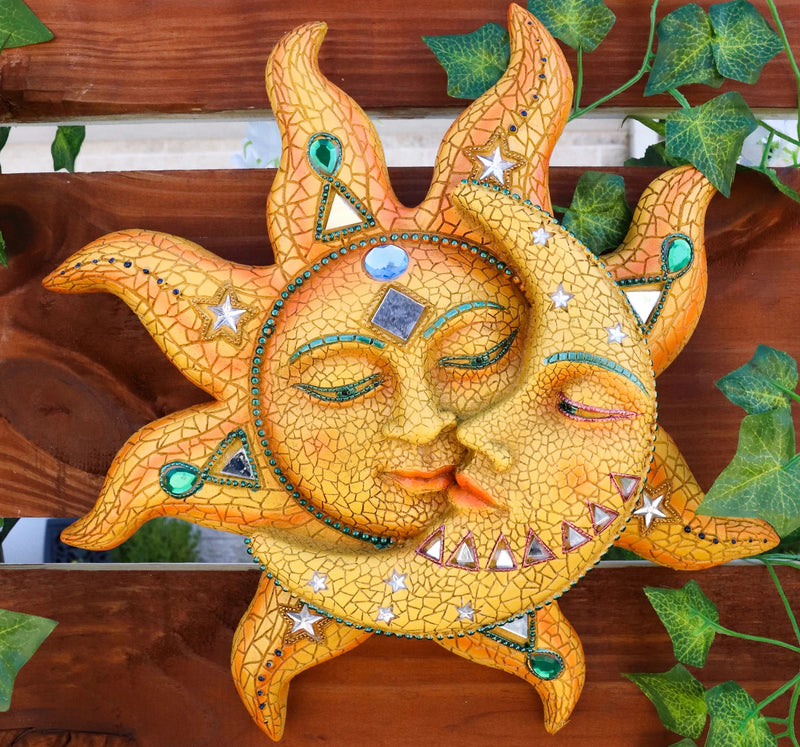 Orange Mosaic Face Sun with Yellow Mosaic Moon, 13"H Wall Plaque Decor-2