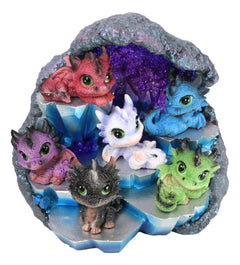 Whimsical Baby Dragons Mini Figurines With LED Faux Geode Crystal Display Set-5