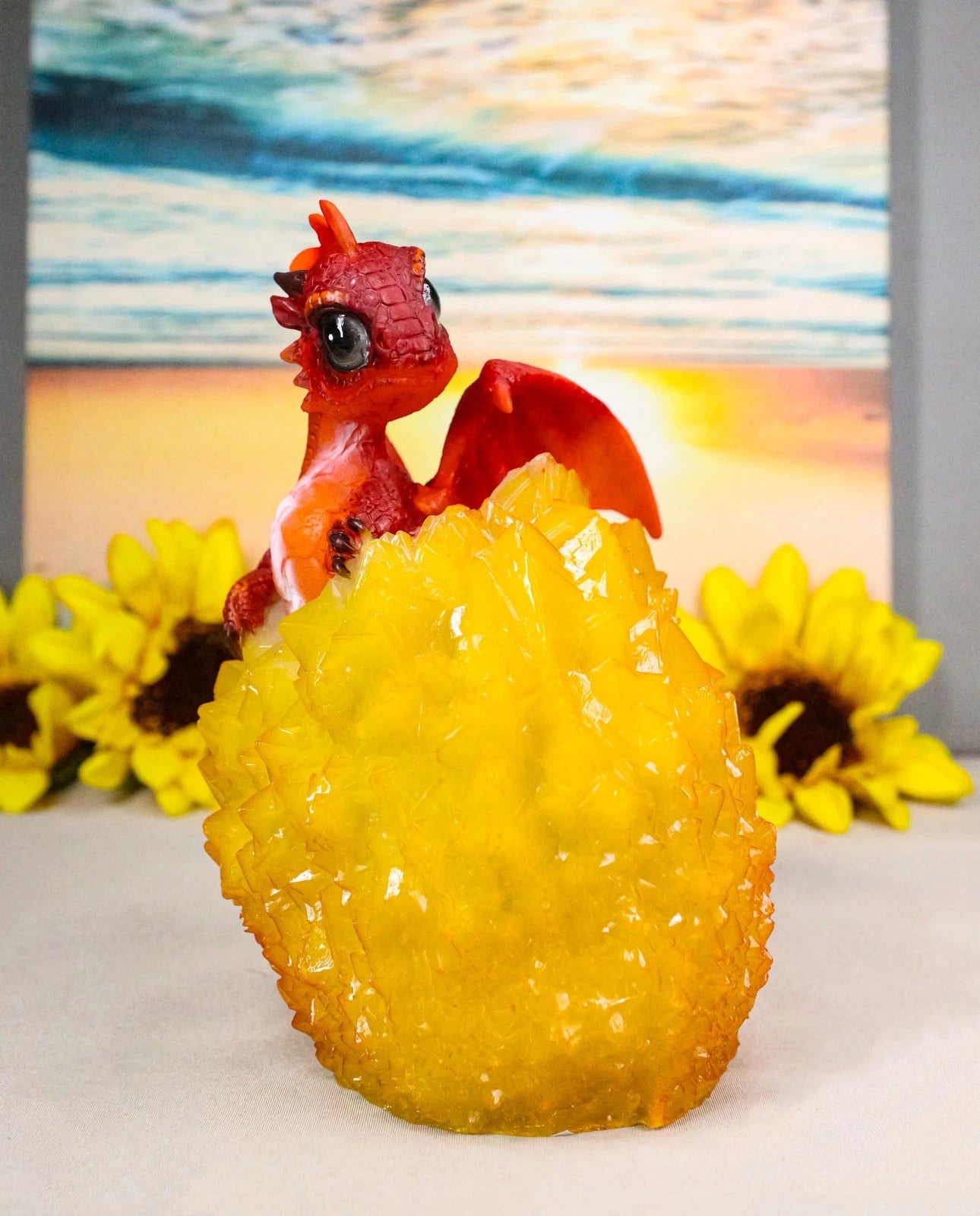 Whimsical Cute Red Baby Dragon Hatchling in Crystal Icicle Golden Egg Figurine