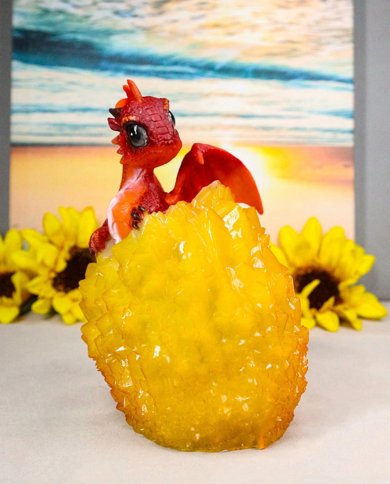 Whimsical Cute Red Baby Dragon Hatchling in Crystal Icicle Golden Egg Figurine-1