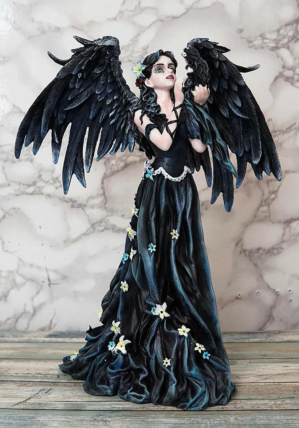 Gothic Raven Crow Maleficent Angel With Avatar Ditto in Black Lily Dress Statue-1