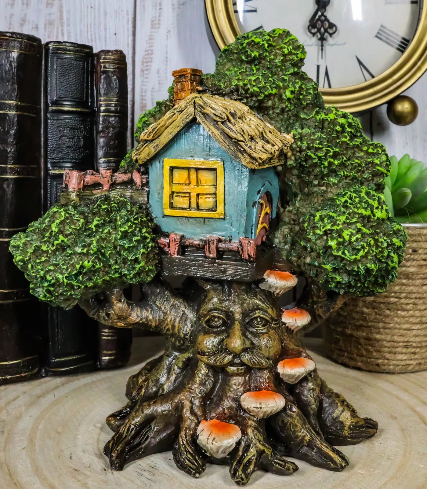 Forest Ent Greenman Cottage Blue Nook Tree House Statue With Mushroom Conk Steps